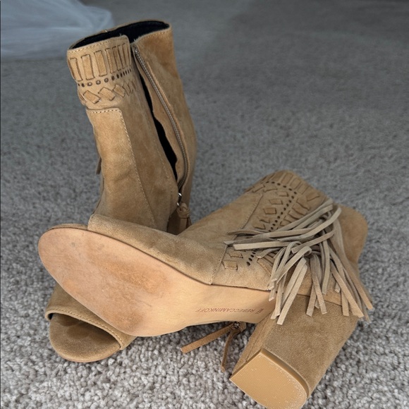 Rebecca Minloff Women’s Tan Suede Fringe Peep-Toe Block Heel Booties - Picture 4 of 4